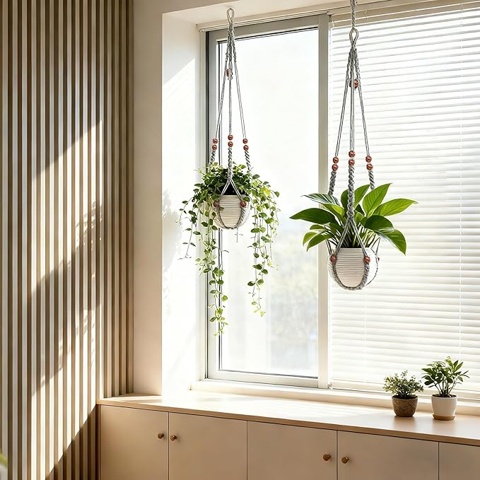 35 Inch Macrame Plant Hanger, Large for up to 15 Inch Pot Extra Long Hanging Planter Holder Basket with Wood Beads for Indoor Outdoor Home Decor (Grey, 1-Pack)