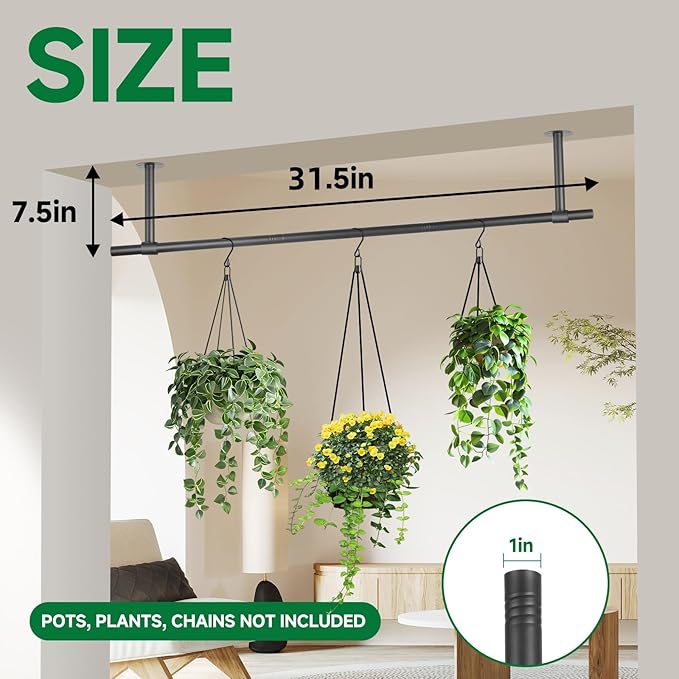 Hanging Planters Rod – Plant Hanger Indoor for Window Ceiling, Hanging Plant Shelf for Wall Planter House Plants, Plant Shelves Metal Holder Bar 31.5In Black (Pots, plants, chains not included)