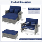 LDAILY Moccha Outdoor Daybed, Wicker Loveseat Sofa Set with 4-Postion Adjustable Backrest, Storage Ottoman, Cushions, Rattan Double Bed Lounger, Patio Furniture Set (Mixed Gray+Navy)