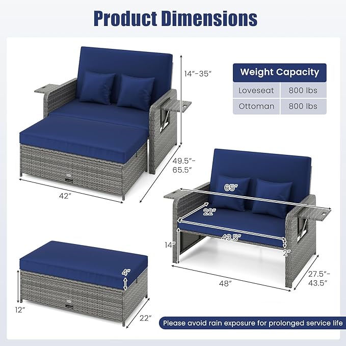 LDAILY Moccha Outdoor Daybed, Wicker Loveseat Sofa Set with 4-Postion Adjustable Backrest, Storage Ottoman, Cushions, Rattan Double Bed Lounger, Patio Furniture Set (Mixed Gray+Navy)
