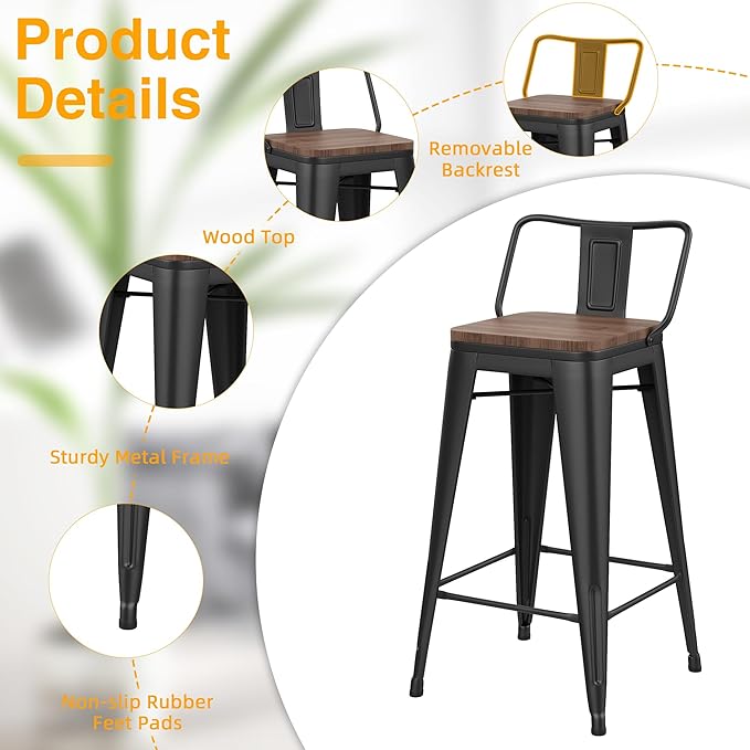 Yongchuang 26" Metal Bar Stools Set of 4 Counter Height Barstools with Wood Top Low Back Matte Black