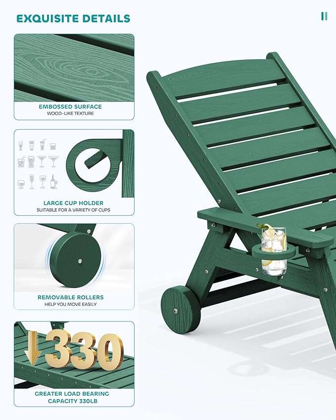 SERWALL Patio Chaise Lounge Chair, 78'' Long HDPE 5 Positions Adjustable Outdoor Lounger, Poly Lounge Chair with Rolling Wheels & Cup Holder for Pool, Dark Green