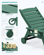 SERWALL Patio Chaise Lounge Chair, 78'' Long HDPE 5 Positions Adjustable Outdoor Lounger, Poly Lounge Chair with Rolling Wheels & Cup Holder for Pool, Dark Green
