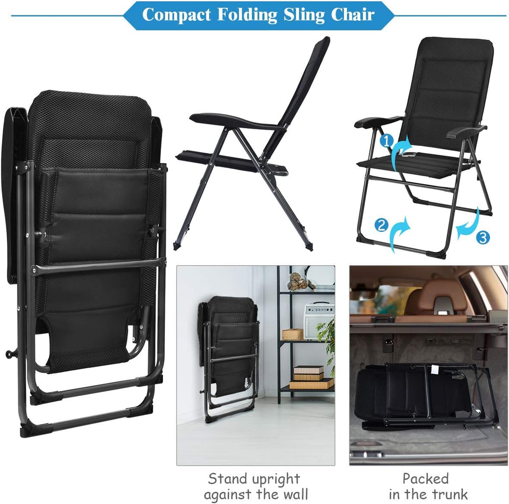 Giantex Set of 2 Patio Chairs, Folding Chairs with Adjustable Backrest, Outdoor Sling Chairs for Bistro, Deck, Backyard, Armchair with Padded Seat, 300 lbs Capacity (2, Black)