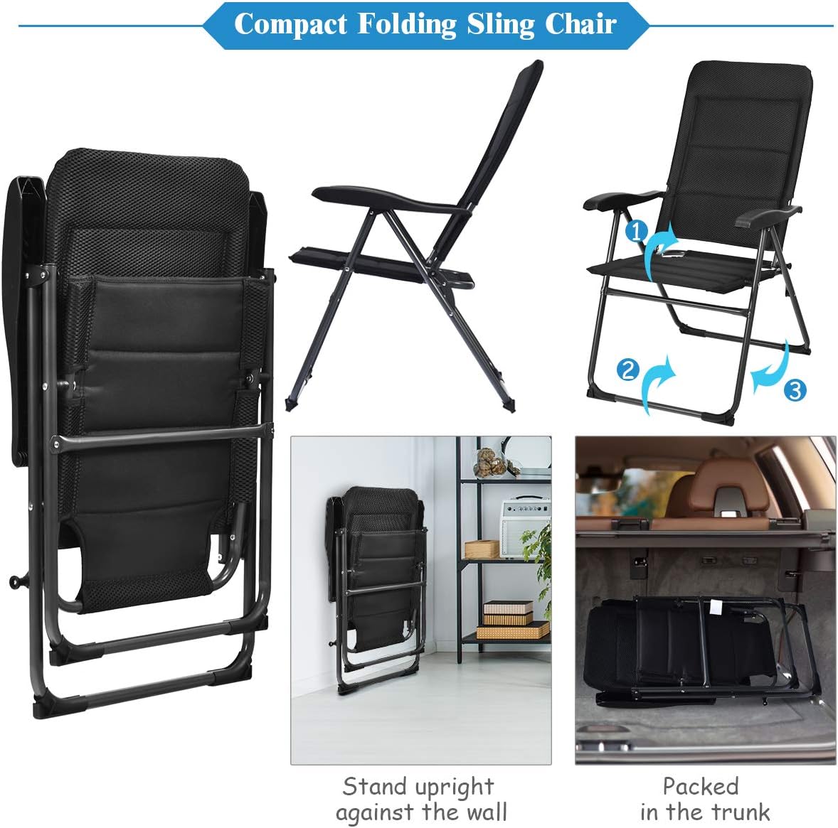 Giantex Set of 2 Patio Chairs, Folding Chairs with Adjustable Backrest, Outdoor Sling Chairs for Bistro, Deck, Backyard, Armchair with Padded Seat, 300 lbs Capacity (2, Black)