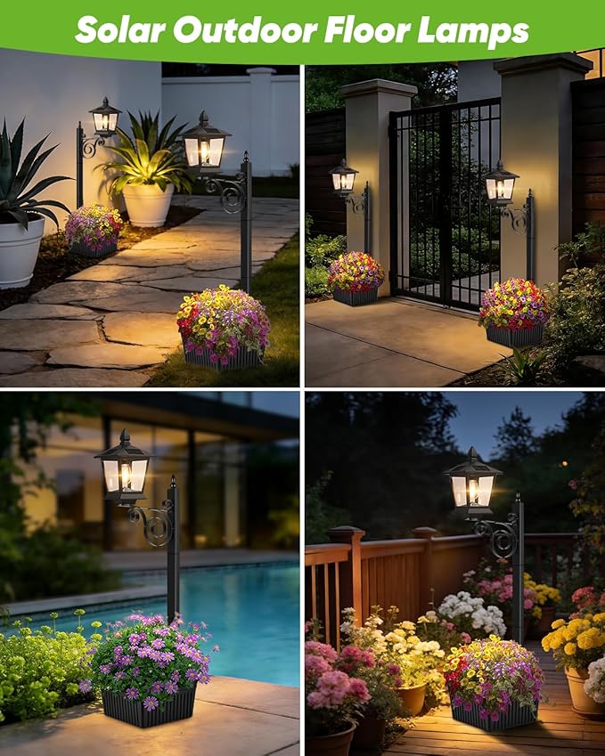 2 in 1 Outdoor Flower Pots, 35” Solar Lamp Post Light with Planter, Metal Pole & IP65 Waterproof, Freestanding Outdoor Planters, Decorative Solar Lamp for Outside, Front Door, Yard, 1-Pack