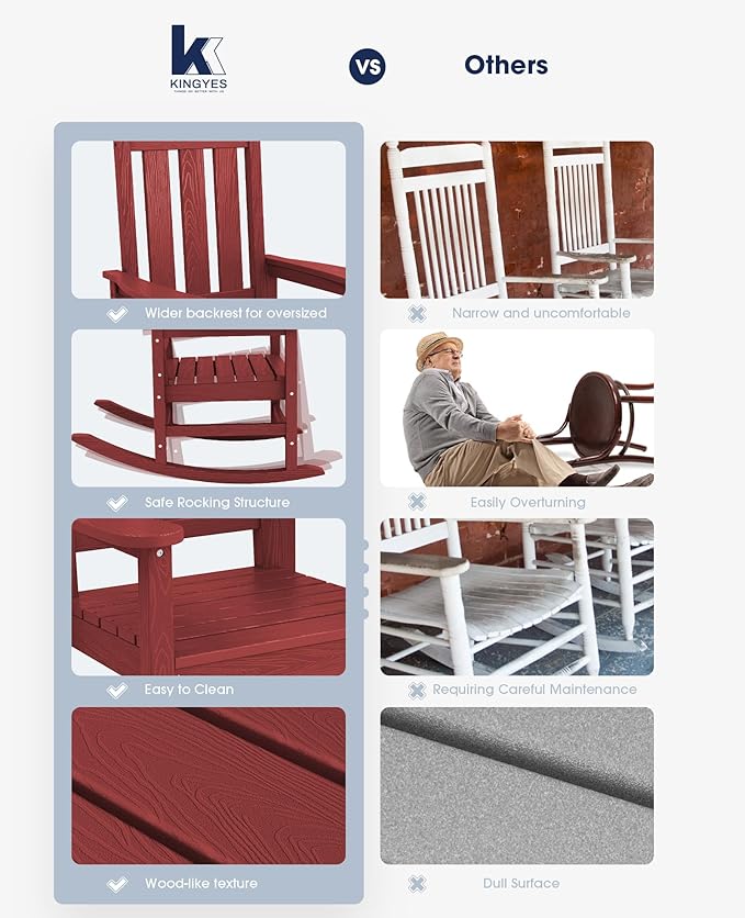 KINGYES Oversized Outdoor Rocking Chair, All-Weather Patio Rocking Chairs for Porch, HDPE Outdoor Patio Rockers with High Back & Wide Seat for Garden, Lawn, Red