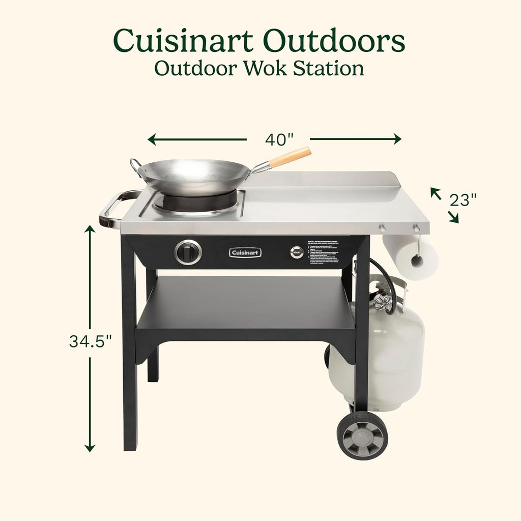 Cuisinart Outdoor Wok Station with Rear Wheels, 14" Steel Pan, 50,000 BTU