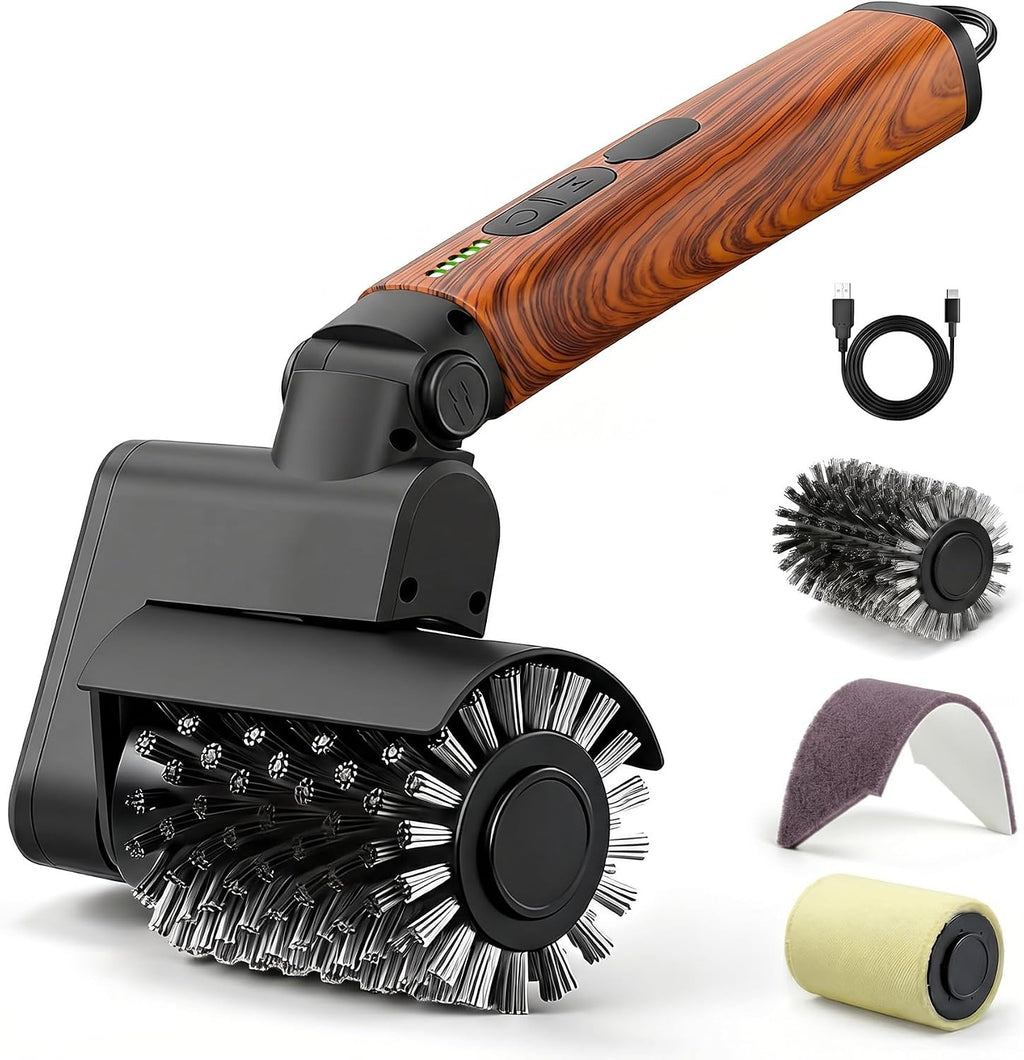 Electric Grill Brush 3-in-1 Kit – Cordless BBQ Cleaner with Reinforced Safe Metal Bristles – 2 Hours Runtime, Waterproof & Dishwasher Safe Removable Brushes for Deep Cleaning (Red Wood Coating)