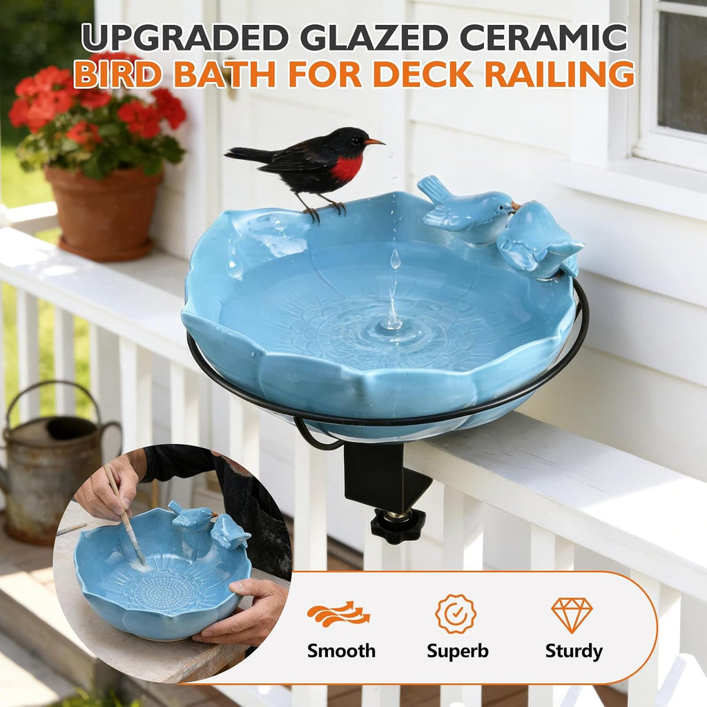 Glazed Ceramic Bird Bath for Deck Railing, 11 Inch Outdoor Deck Mounted Bird Baths Feeder Bowl with Adjustable Clamp, Easy Install Balcony Patio Birdbath for Outside Backyard Decoration, Blue