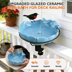 Glazed Ceramic Bird Bath for Deck Railing, 11 Inch Outdoor Deck Mounted Bird Baths Feeder Bowl with Adjustable Clamp, Easy Install Balcony Patio Birdbath for Outside Backyard Decoration, Blue