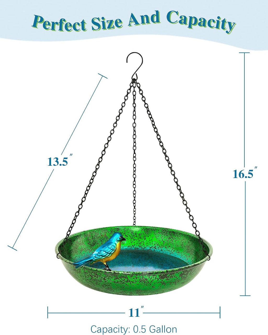 Hanging Bird Bath for Outside, 11” Metallic Green & Blue Metal Birdbath Bowl & Feeder with Black Chain Outdoor Garden Yard Decor (0.5 Gallon)