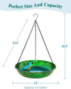 Hanging Bird Bath for Outside, 11” Metallic Green & Blue Metal Birdbath Bowl & Feeder with Black Chain Outdoor Garden Yard Decor (0.5 Gallon)