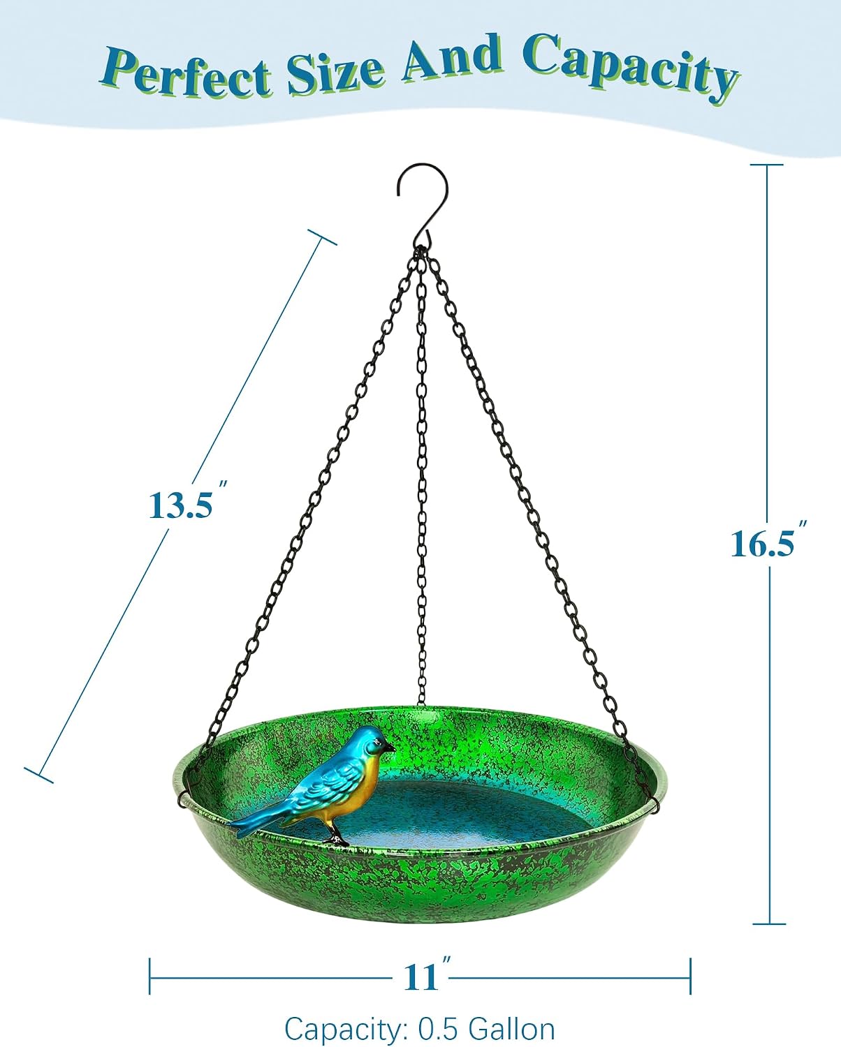 Hanging Bird Bath for Outside, 11” Metallic Green & Blue Metal Birdbath Bowl & Feeder with Black Chain Outdoor Garden Yard Decor (0.5 Gallon)