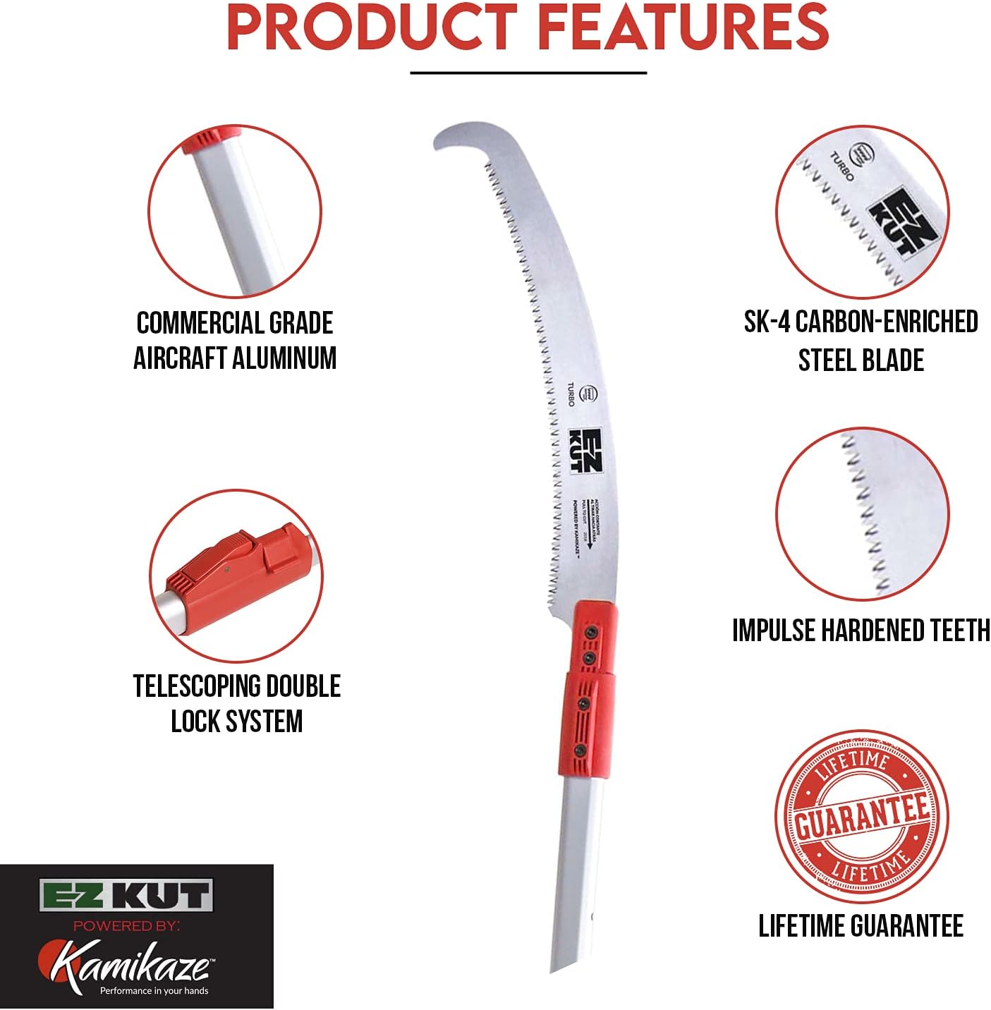 EZ Kut Kamikaze 15′ Extendable Tree Trimmer Pole Saw - Branch Cutter with Single Hook Pole Saw Blade for Branch Removal - Best Pole Saws for Tree Trimming. Tree pruner pole saw since 1988