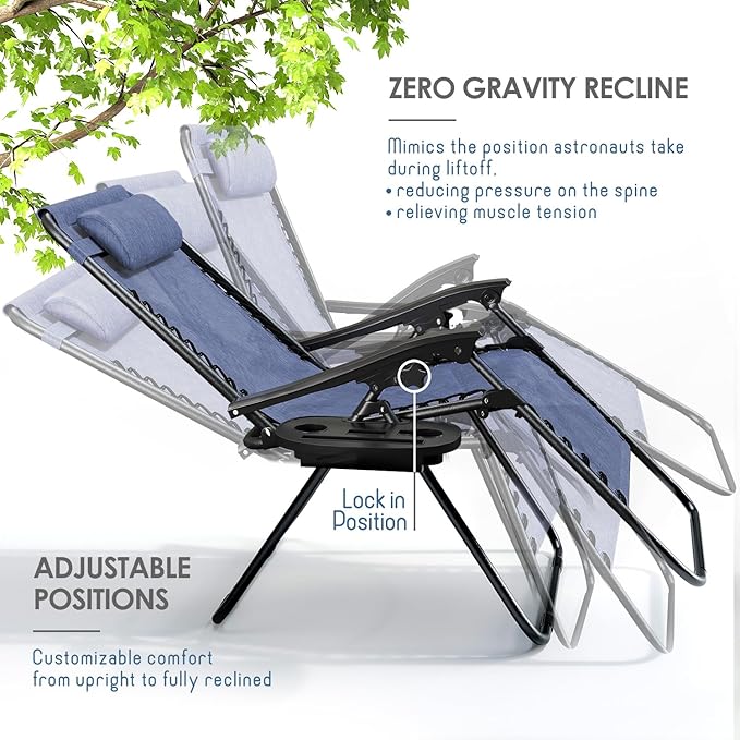 Nestl Zero Gravity Chairs, Portable Patio Lounge Chair Outdoor with Pillows & Cup Holder Trays, Adjustable Steel Mesh Reclining Camping Chair, Folding Patio Lawn Chair for Deck, Beach, Yard - Blue