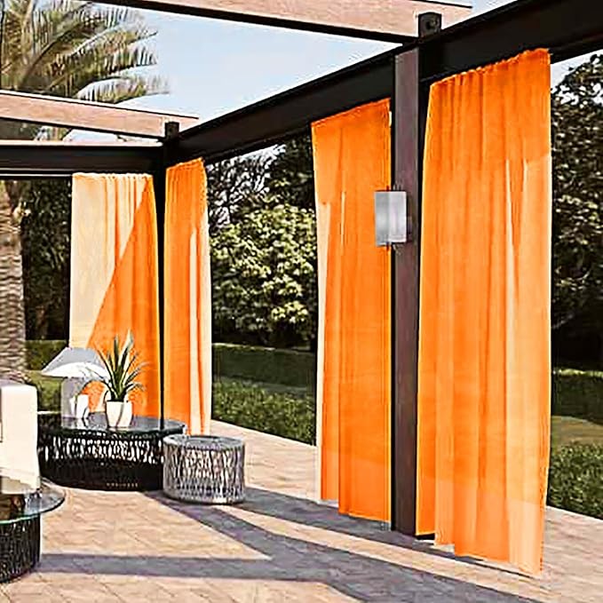 SpaceDresser Waterproof Outdoor Sheer Curtains for Patio - 4 Panels Rod Pocket Indoor Voile Sheer Curtain for Living Room,52W x 120L inch,Orange