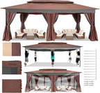 COBIZI Gazebo 12x20 Heavy Duty Gazebos with Curtain and Netting Outdoor Gazebo Canopy Double Roof Patio Gazebos with Metal Steel Frame for Patio, Deck, Backyard-Brown