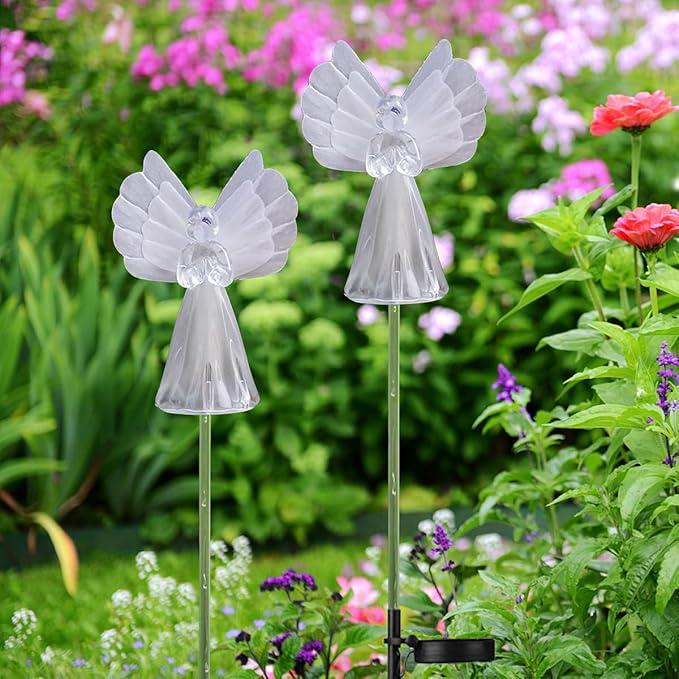 Solar Angel Lights Outdoor Decor - 4 Pack Decorative Color Changing Waterproof LED Angel Stake Lights for Cemetery Grave Garden Patio Yard Art Lawn Decoration, Grave Markers, Memorial Gifts