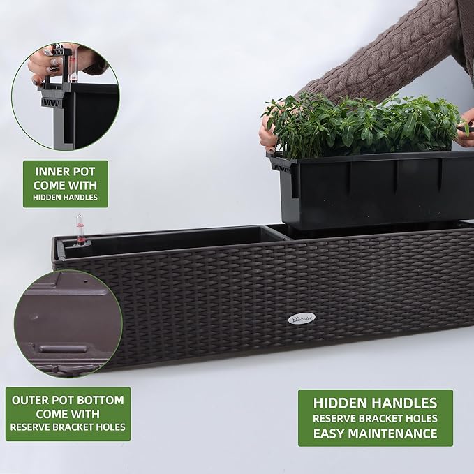 Dexceder 31.5 Inch Rattan Self Watering Planter Indoor Outdoor, Thickened Large Rail Flower Plant Pot Window Box with Water Level Indicators (Brown)