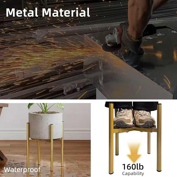 Adjustable Metal Plant Stand Indoor, Mid Century Modern Outdoor Planter Holder for 8 to 14 Inch Pots, Heavy Duty 160 LB Load, Corner Floor Stand for Home Garden Decor Golden 2 Pack