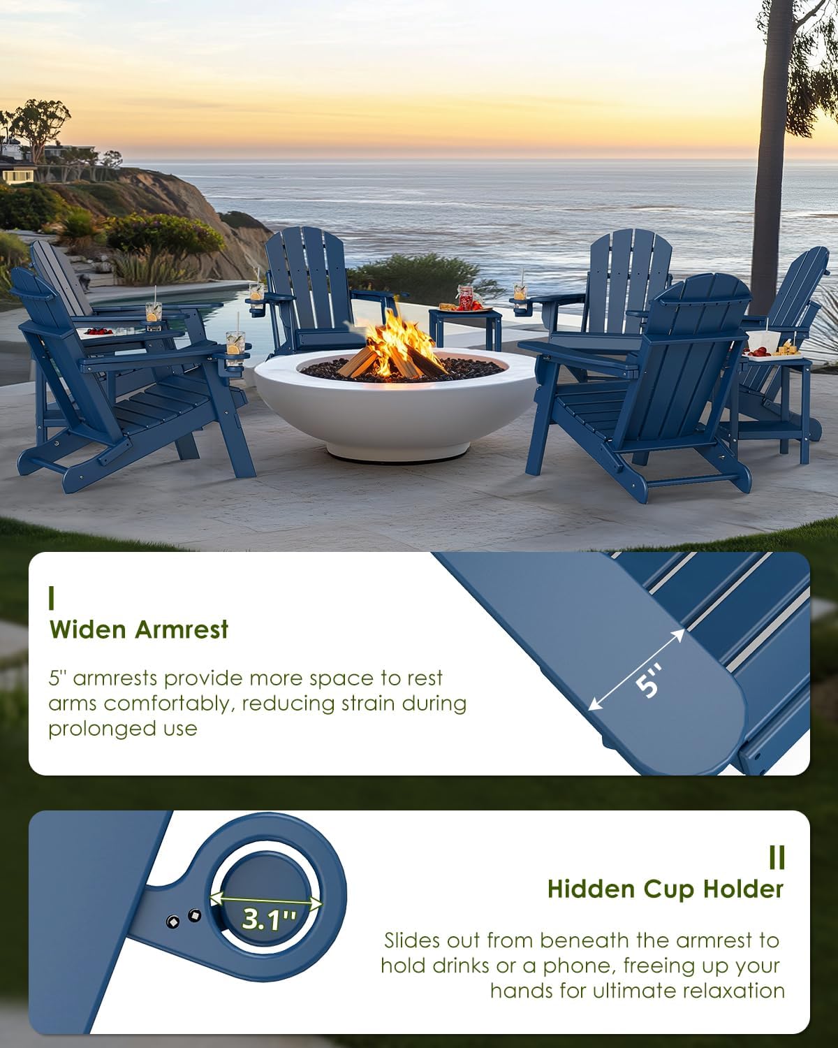 GREENVINES Folding-Adirondack-Chairs Set of 2, HDPE All Weather, Blue | Hidden Cup Holder | 5” Wide Armrests | Foldable Fire Pit Chair | Reclined Legs | Low Maintenance for Outdoor Patio Deck