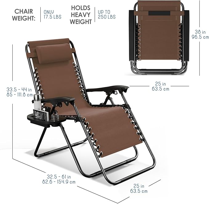 Nestl Zero Gravity Chairs Set of 2, Patio Lounge Chair Outdoor with Pillows & Cup Holder Trays, Adjustable Steel Mesh Reclining Camping Chair, Folding Patio Lawn Chair for Deck, Beach, Yard - Brown