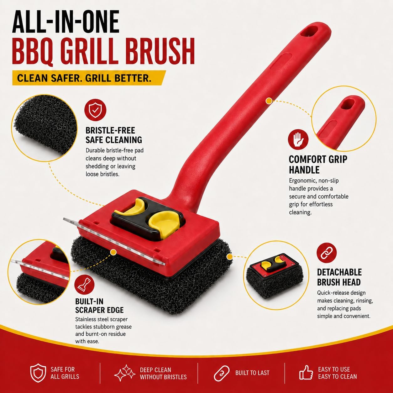 Bristle-Free BBQ Grill Brush for Outdoor Grill, Steam Grill Cleaner with Scraper & 2 Detachable Scrub Heads for Gas, Charcoal, Porcelain, Cast Iron Grates