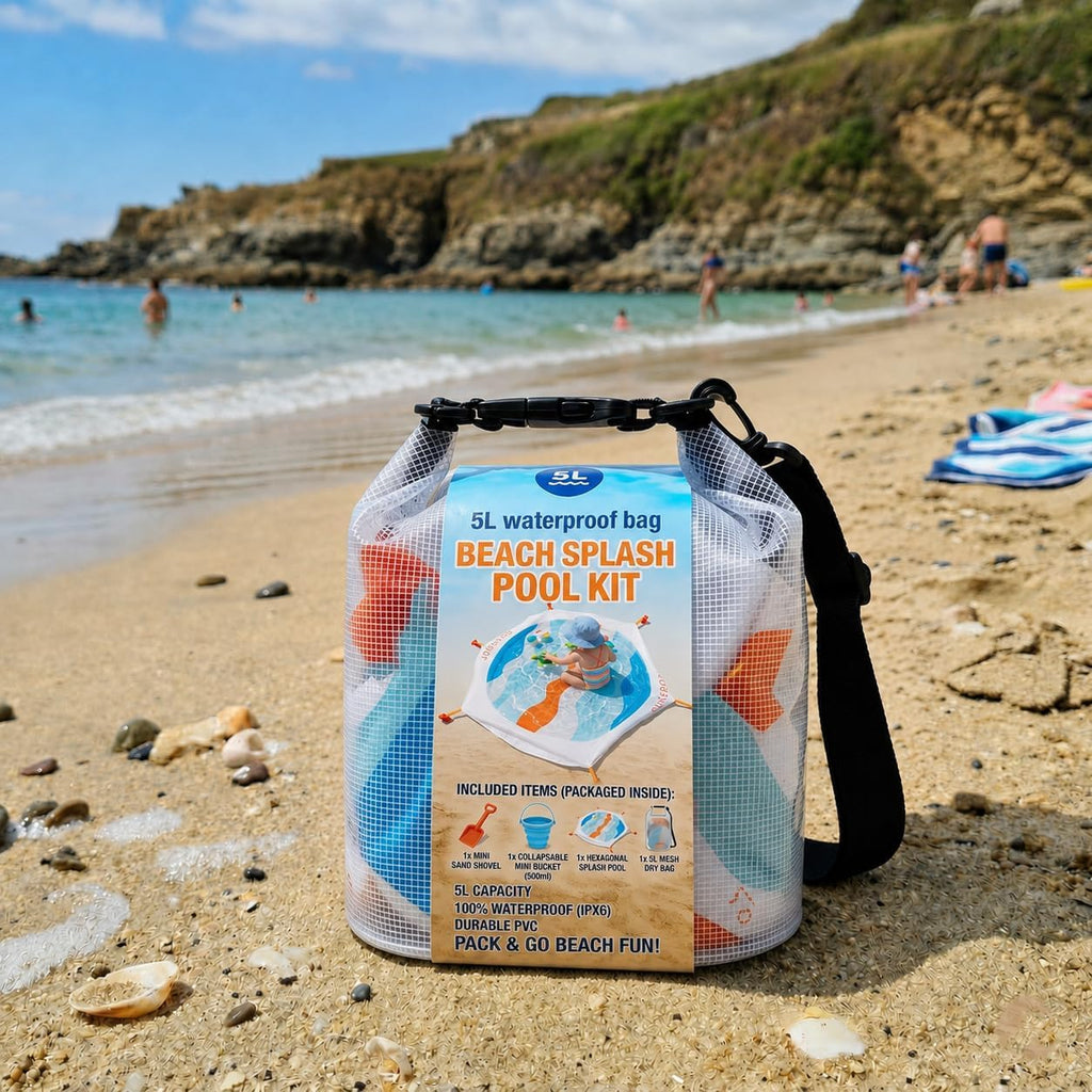 SUNSPOT 5ft Kids Beach Pool – Portable In-Ground Sand Liner with 8 Anchors, Fun Filling Bucket & Travel Carry Bag. The Ultimate Pop-Up Wading Splash Pool for Toddlers and Infants (Funky Waves)