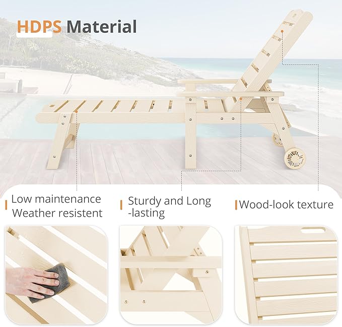 LUE BONA Outdoor Chaise Lounge Chairs Set of 2, HDPS Chaise Lounger, 5 Positions Adjustable Lounge Chairs, Pool Lounge Chair with Wheels for Poolside, Sand