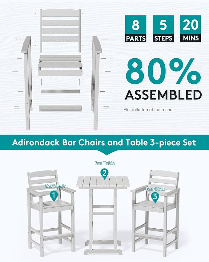 SERWALL 4 Pieces Outdoor Patio Bar Set with 9ft Umbrella, Outdoor HDPE Barstool and Table Furniture Set with Patio Umbrella, White