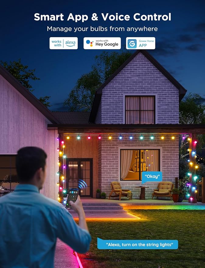 Govee Smart Outdoor String Lights 2, 48ft Outdoor Lights with Dimmable Warm White LED Bulbs, 47 Scene Modes for Patio, Backyard, Balcony, IP65 Waterproof, Works with Alexa, App Control