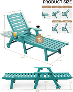 Carauci Lounge Chair Outdoor Set of 2, HDPE Chaise Lounge with Wheels, 5-Position Adjustable Backrest & 2 Cup Holders Patio Lounge Chair, All-Weather Pool Sun Lounger for Poolside, Backyard, Lake Blue