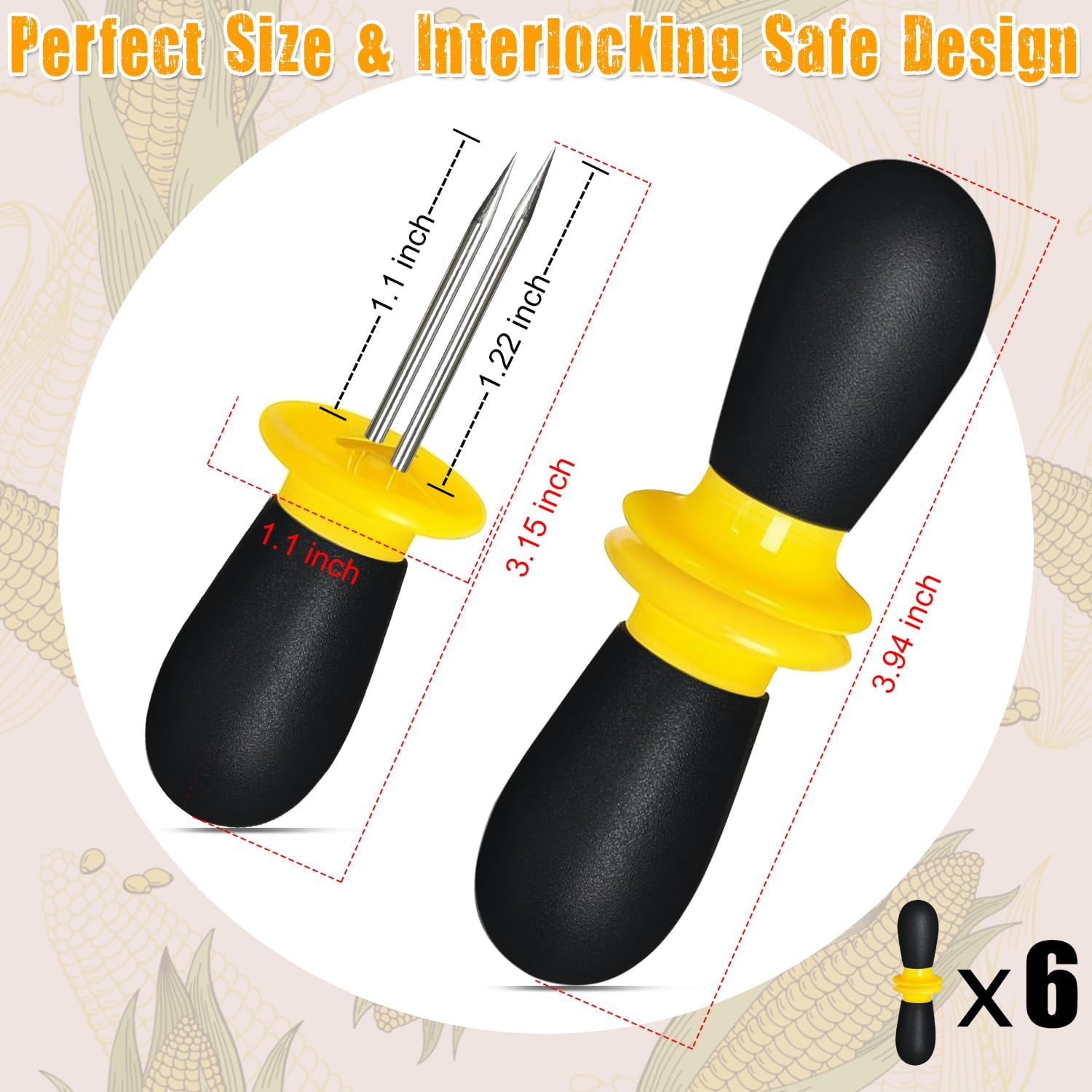 12 Pcs/6 Pairs Corn Holders, Stainless Steel Corn Cob Holders Corn on The Cob Skewers for Home Cooking BBQ Parties Camping, Yellow-Black