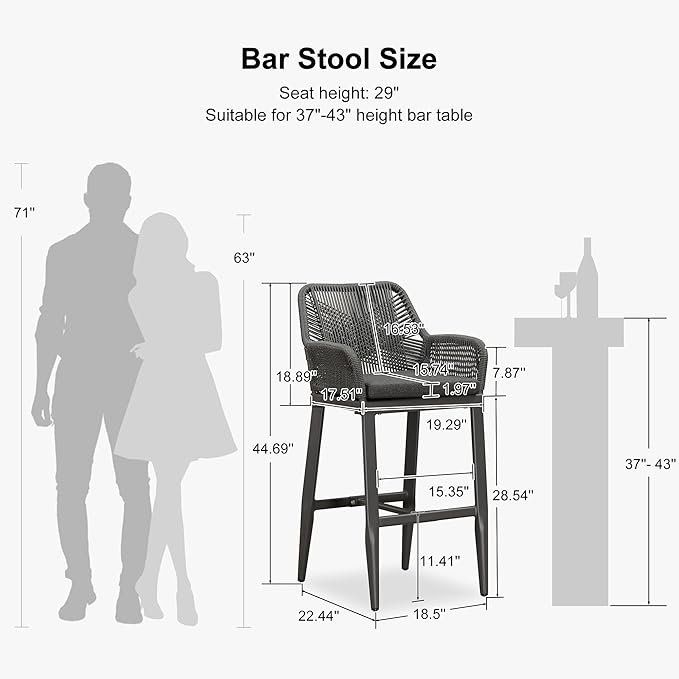 PURPLE LEAF Outdoor 29" Bar Stools Set of 2, Boho Patio Bar Height Chair with Cushion and Back for Outdoor and Indoor, Garden, Patio, Grey