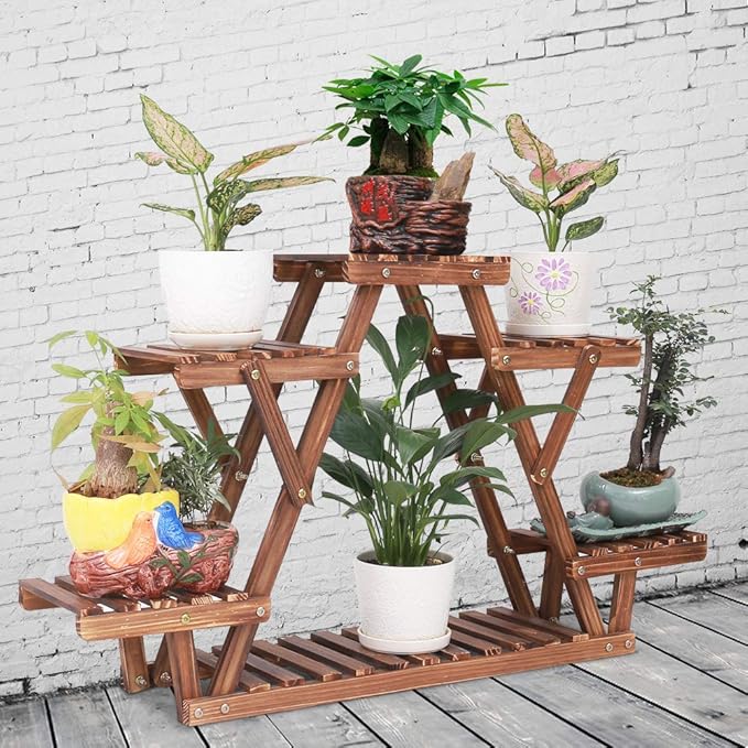 Wood Plant Stand Indoor, 6 Tiered Plant Shelf for Multiple Plants RackTriangle , A Shape Corner Flower Pot Holder for Windowsill Patio Balcony Garden Living Room (Retro,Wooden)