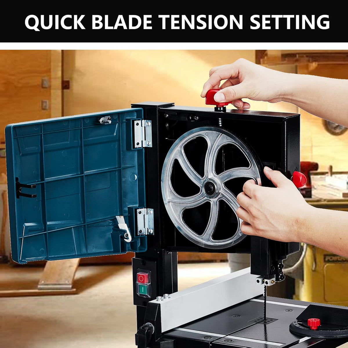 8 in band saw, explorehorizon 0-45 tilting range showing dimensions