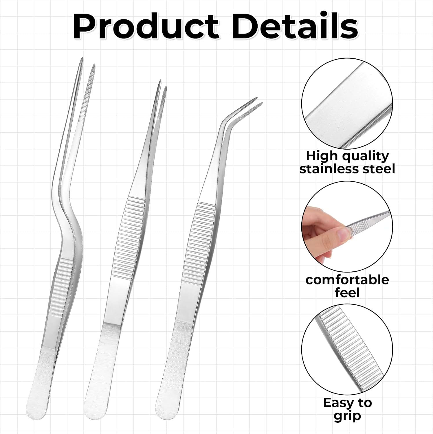 Garden Tweezers, 3 Pcs Stainless Steel Plant Tweezer Set Straight and Curved Precision Tweezers Multipurpose Bonsai Tools for Garden, Kitchen, Indoors and Outdoors (6.22Inch / 6.33Inch / 6.4Inch)
