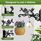 Elegant Bird Pattern Wall Hooks - 10/12/14 Inch Metal Plant Hangers for Indoor & Outdoor - Rust-Resistant Bracket for Plants, Feeders, Chimes, Lanterns (4, Black, 12 inch)