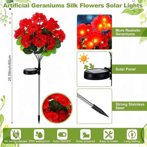 2 Pcs Solar Geraniums Lights Outdoor Waterproof for Garden Spring Decor Light with 10 Solar Geraniums Light for Outside Stake Decorative Auto On/Off for Garden Yard Backyard Patio