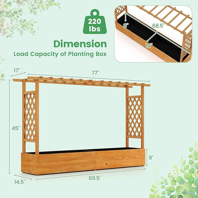Giantex 2 Pcs Raised Garden Bed with Trellis & Hanging Roof, Wood Planter Box with Bottom & Drainage Holes, Freestanding Garden Planter for Flower Fruit Vegetable Herb Climbing Vine (77"x14.5"x45")