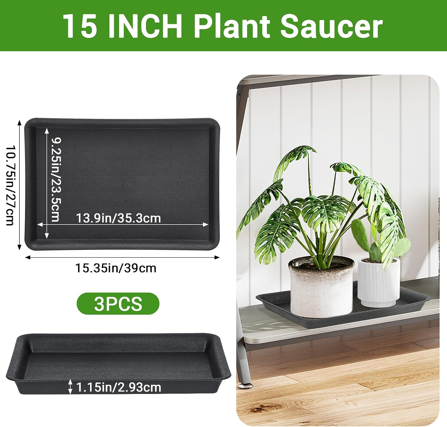 GREANER 3 Packs Plant Saucers Rectangular, 15x11x1.2 Inch Heavy Plastic Plant Saucer Drip Tray, Flower Pot Tray for Indoors Outdoor Plant Pots, Thick Drip Tray for Garden Potted Water Drips and Soil
