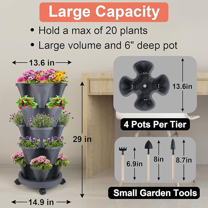 GameXcel Vertical Planter 5 Tier Stackable Planters Garden Planters Strawberry Herb Flower and Vegetable Planter Indoor Outdoor Gardening Pots with Removable Wheels and Tools