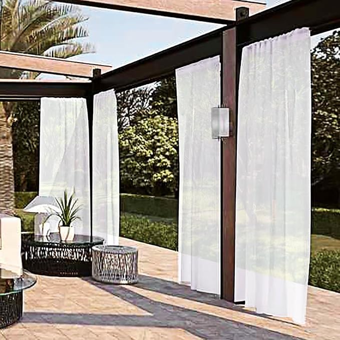 SpaceDresser Waterproof Outdoor Sheer Curtains for Patio - 2 Panels Rod Pocket Indoor Voile Sheer Curtain for Living Room,100W x 84L inch, White