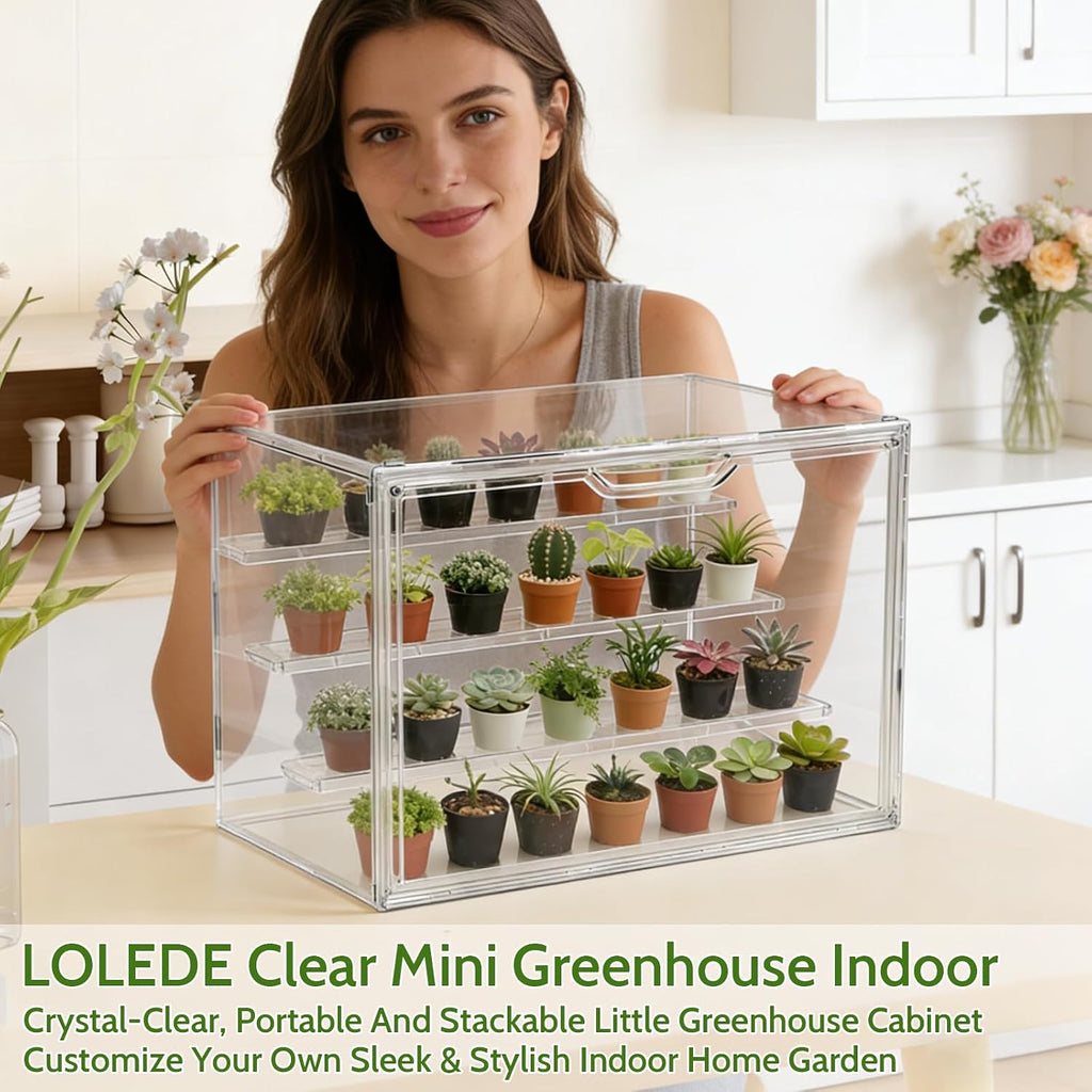 clear mini greenhouse indoor, small stackable tabletop portable on a desk or shelf