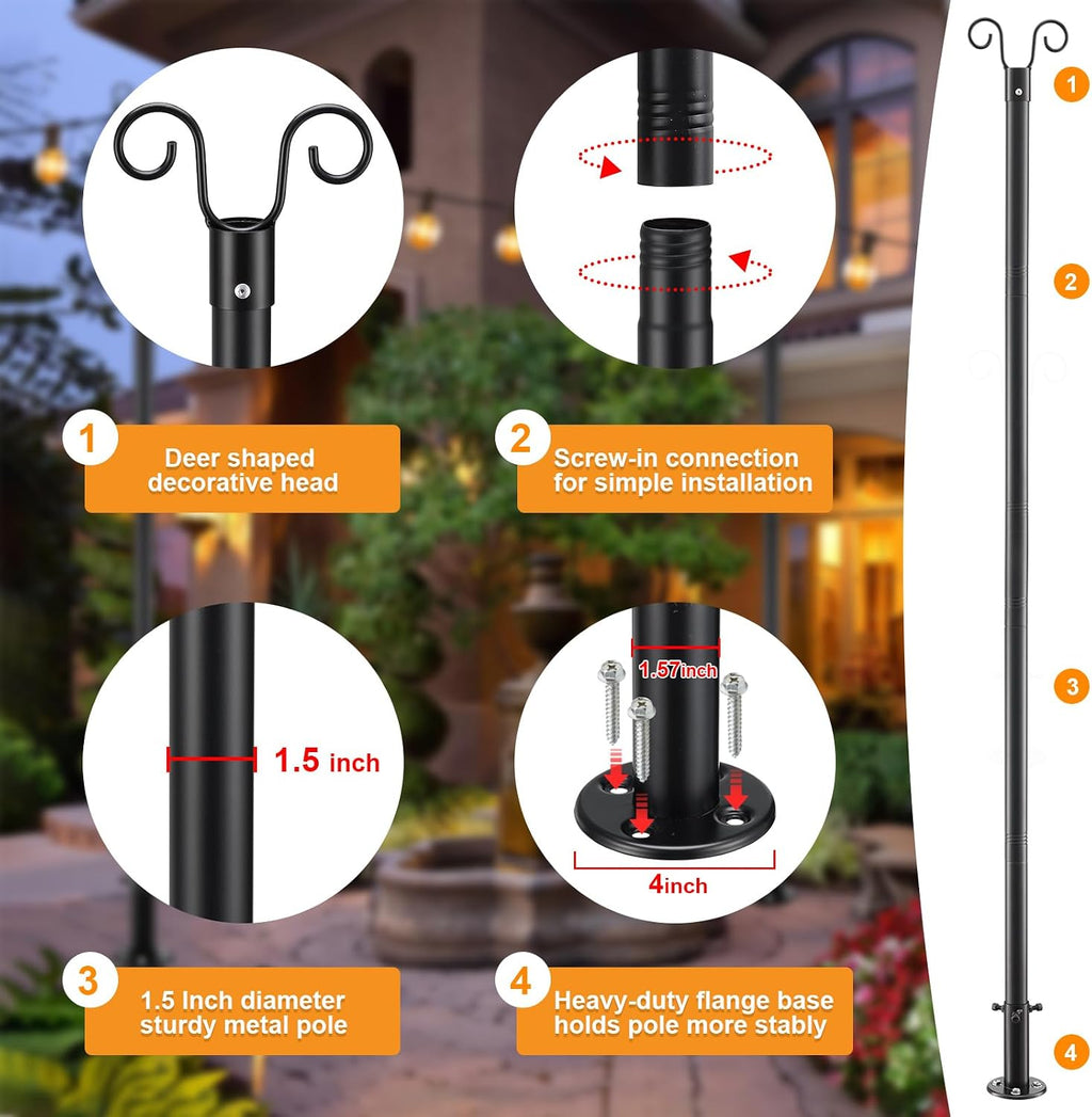 8FT Heavy Duty String Light Poles for Ground (2Pack) | Adjustable Metal Poles for Outdoor String Light Hanging with Flange Base, Backyard, Garden, Patio, for Party