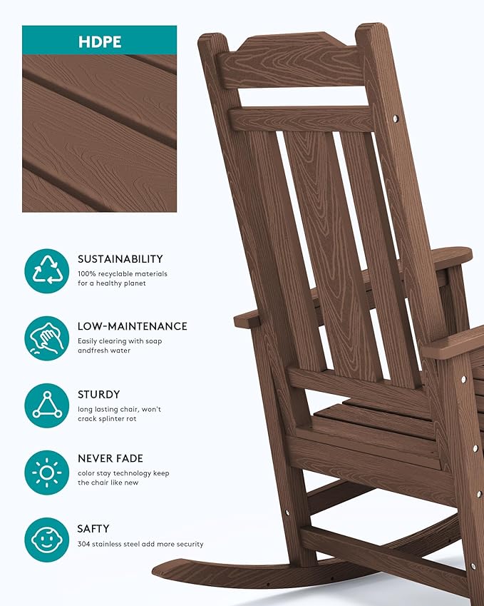SERWALL Oversized Rocking Chair Outdoor, HDPE Outdoor Rocking Chair, Coffee