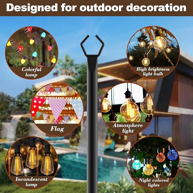 AILBTON 8 Pack 10Ft String Light Poles,Light Poles for Outside String Lights,Outdoor Light Poles with Fork,Metal Pole Stand for Patio,Backyard,Deck