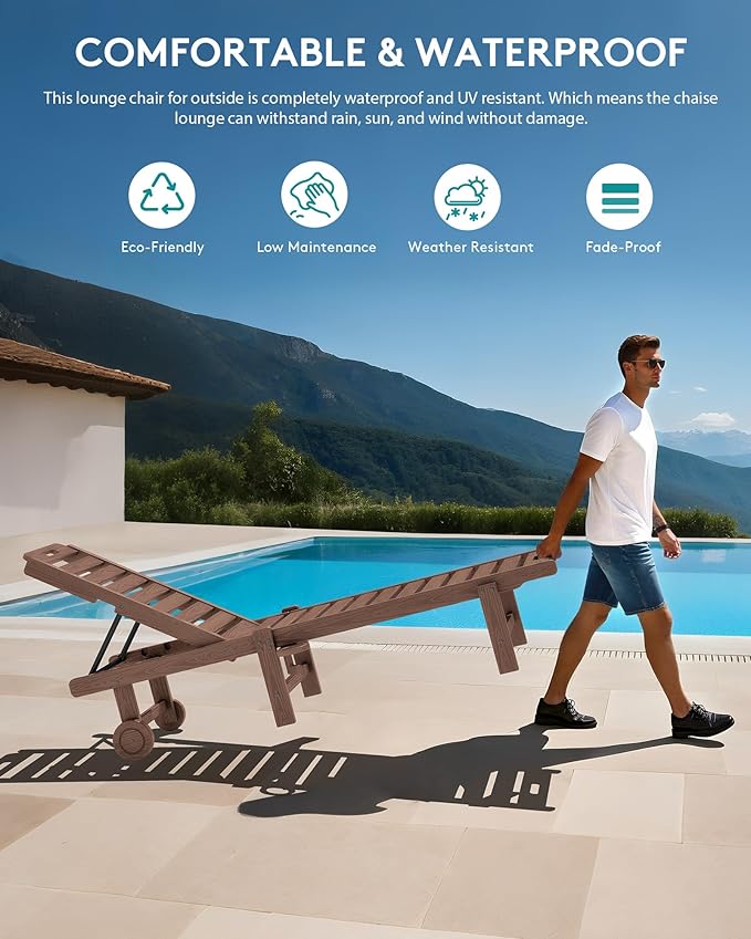 SERWALL Patio Chaise Lounge, HDPE Outdoor Lounge Chair with Cup Holder, 5 Positions Adjustable Poly Lounger with Rolling Wheels for Poolside, Deck, Sunbathing, Brown