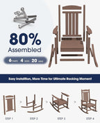 KINGYES HDPE Outdoor Rocking Chair Set of 4, All-Weather Poly Patio Rocking Chairs with 330lbs Support for Adults, Brown